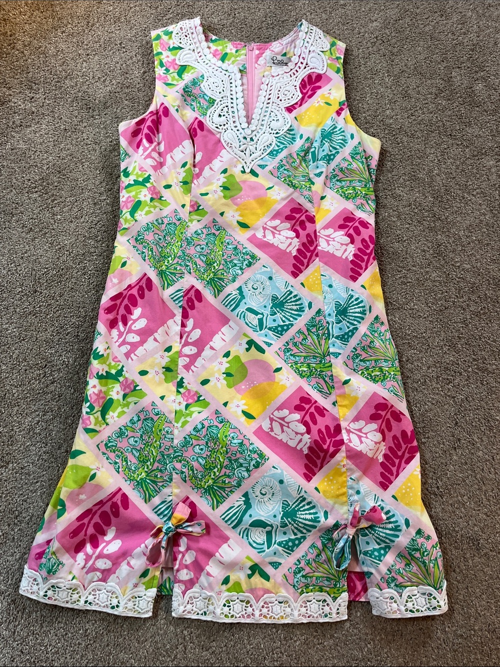🐊🍋🍊Vintage White Label Lilly Pulitzer sz6 Embroidered Patchwork Bows EUC